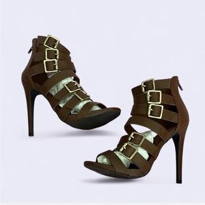 Mossimo Supply Co Brown High Heel Ankle Boots Shoes with Gold Buckle Accents